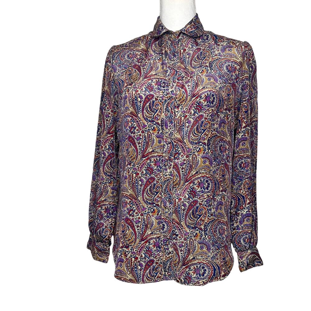 Vintage 80s The Villager Size Medium Paisley Blouse Top Peter Pan Collar